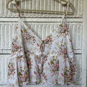 American Eagle Outfitters White Floral Lace-Trim Tie-Front Camisole